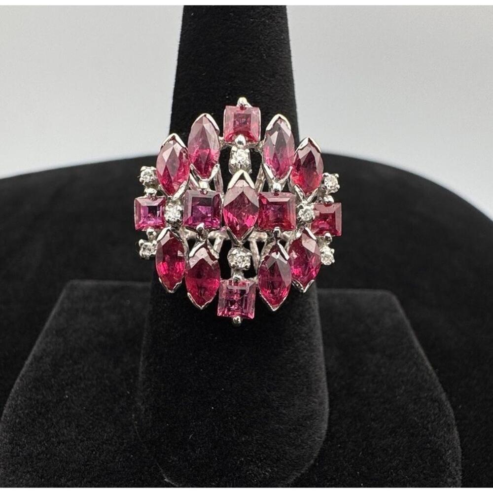 Vintage 18K White Gold Ruby Diamond Old Hollywood Dome Cluster Cocktail Ring 8.7